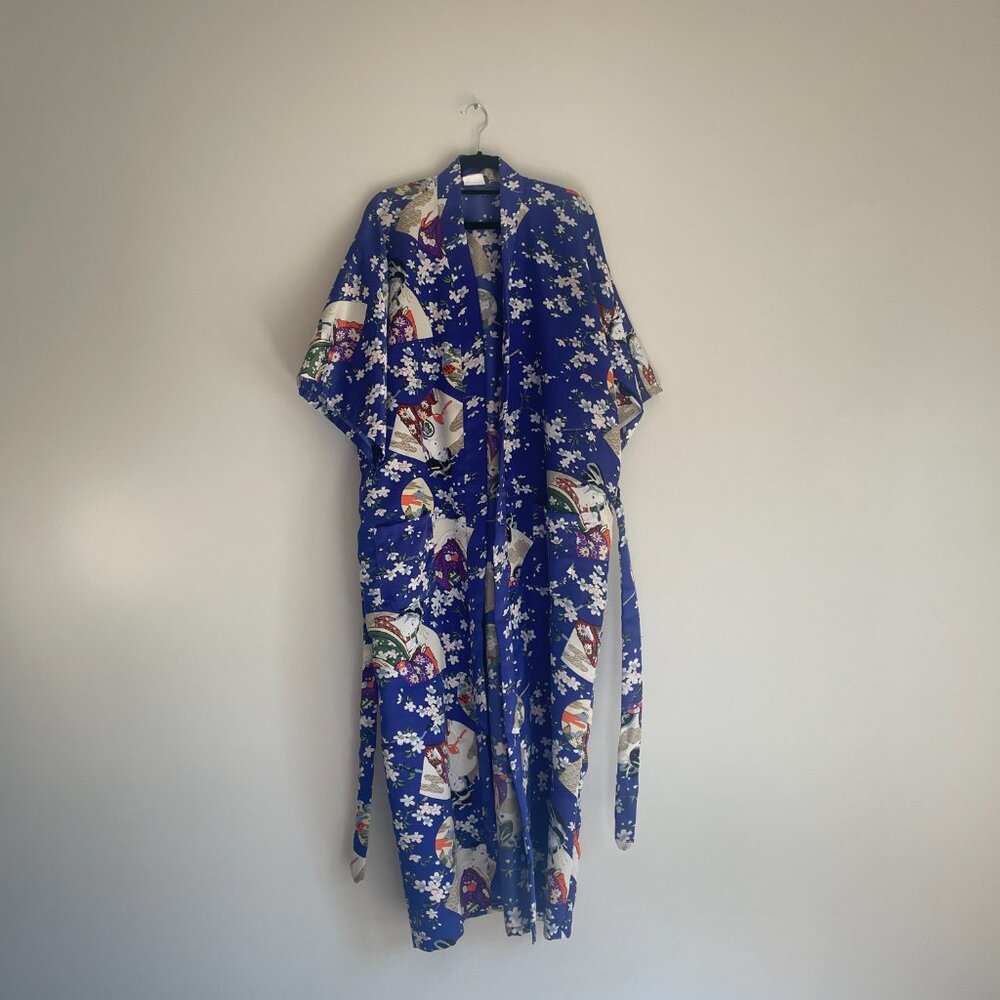 Vintage Japanese Kimono Robe Blue Geisha and Floral Print Lounge One Size